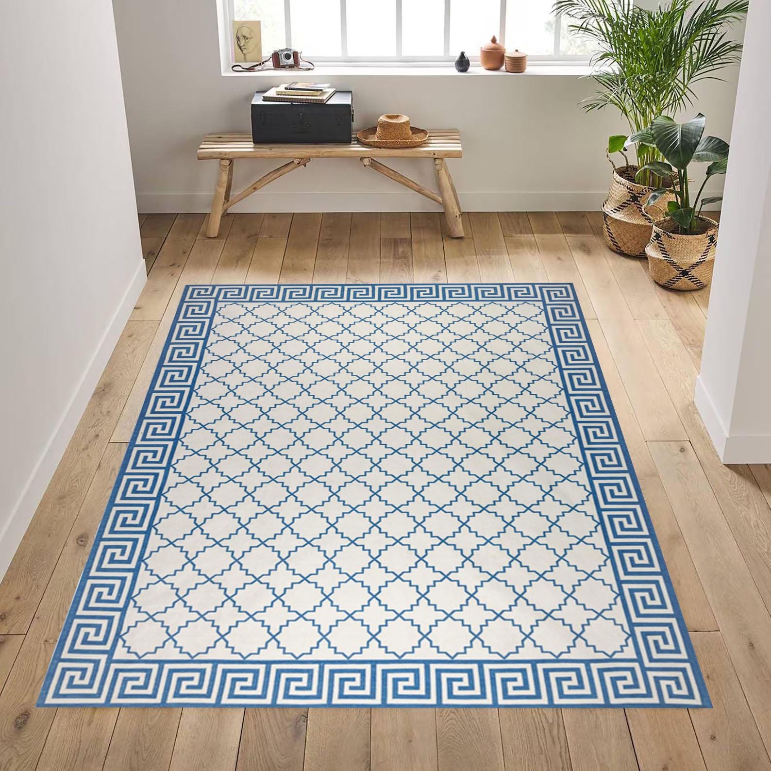 Handmade Cotton Flat Weave Rug Blue and White  – Modern Kilim Woven Carpet for Living Room Bedroom Bedroom Cotton Dhurrie Rug