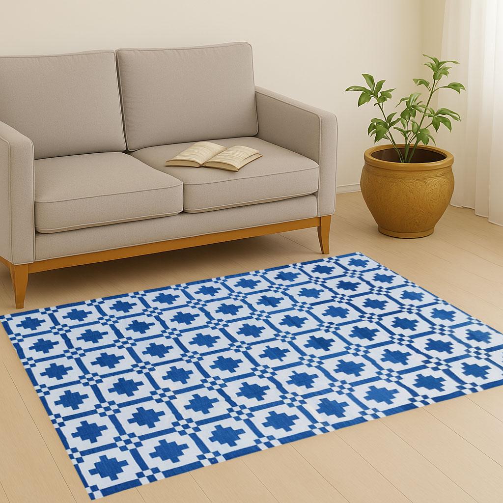 Blue And White Rug, Handmade collon flat weave Rug- Custom Rug, Area Rug, Cotton Dhurrie, Rugs For Bedroom, 6x9, 8x10, 9x12 Rug