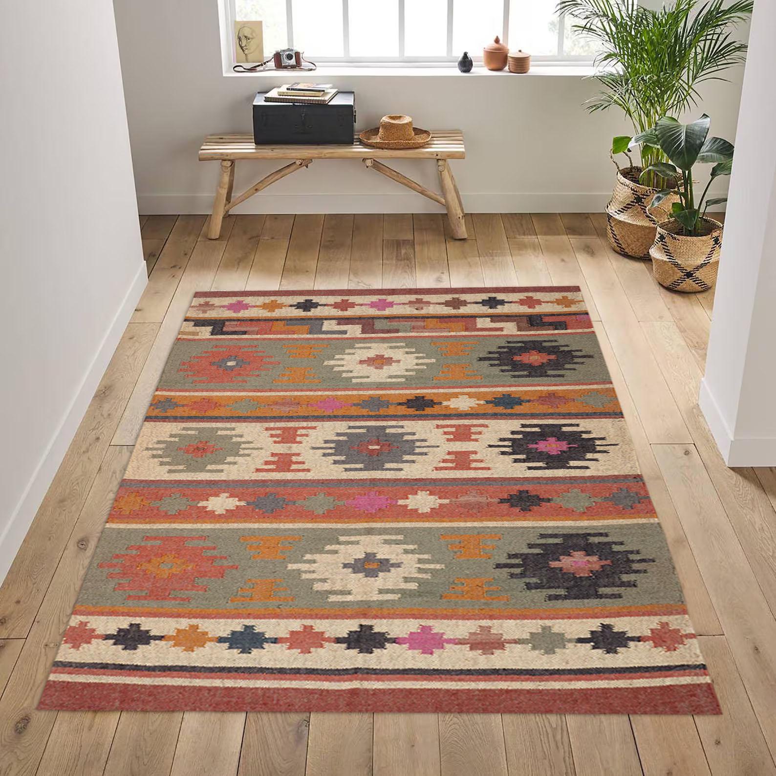 9x12ft Handmade Wool Jute Kilim Rug- Handwoven Wool Jute Rug,  Boho  Décor Rug, Living Room Rug, Outdoor Rug, Kitchen Rug