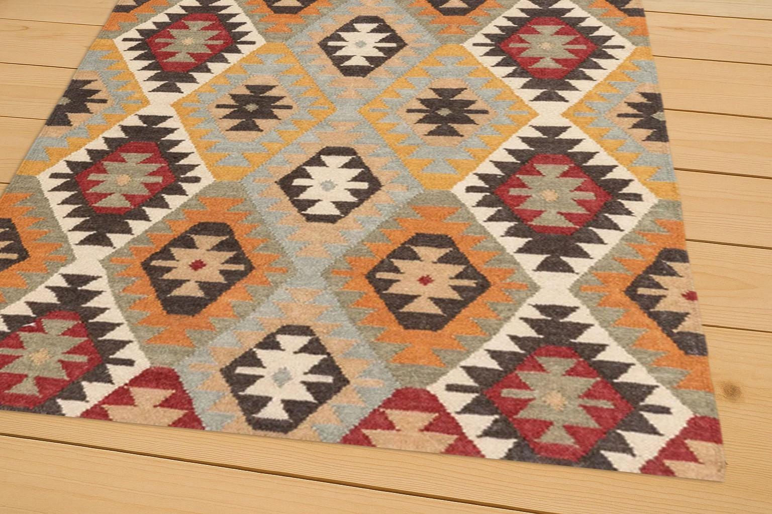 Handwoven Wool Jute Kilim Rug - Traditional Bohemian Area Rug - Dhurrie Flatweave Carpet for Living Room Bedroom Decor