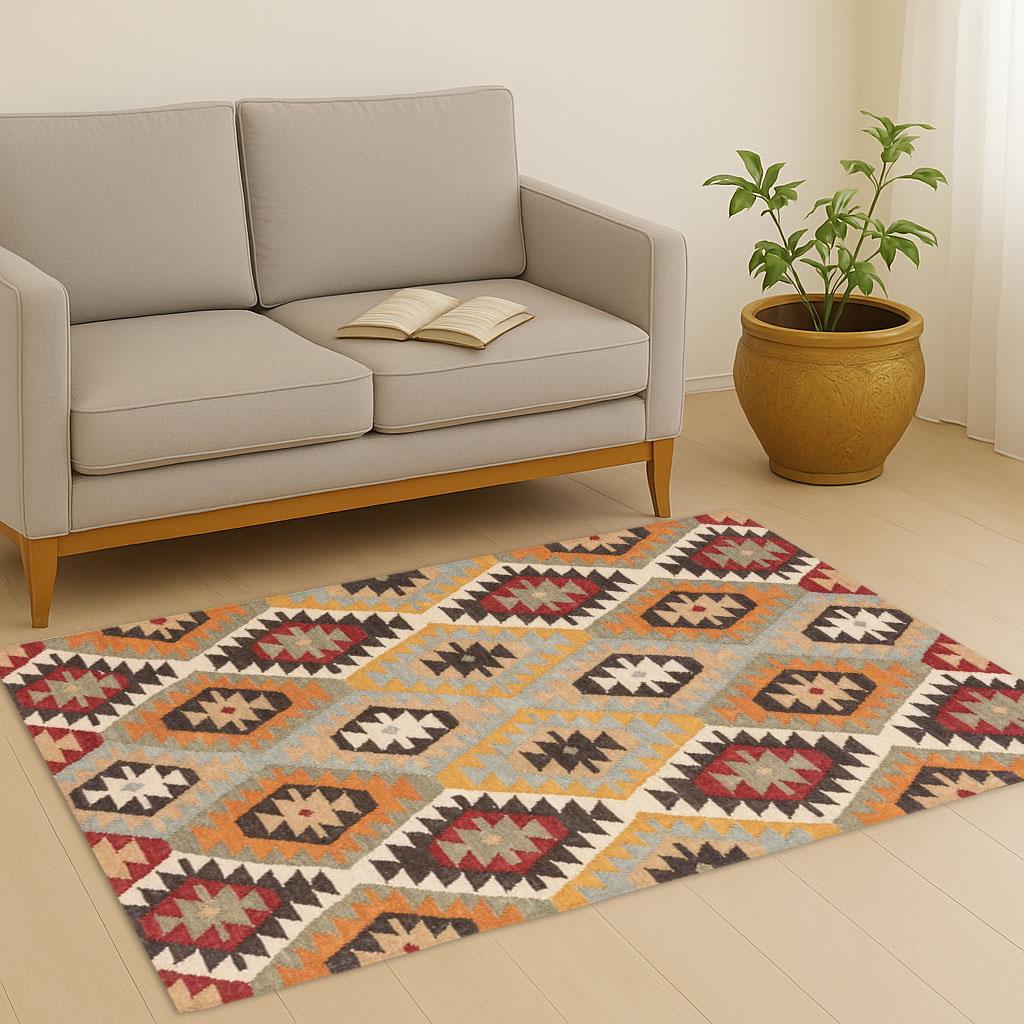 Handwoven Wool Jute Kilim Rug - Traditional Bohemian Area Rug - Dhurrie Flatweave Carpet for Living Room Bedroom Decor