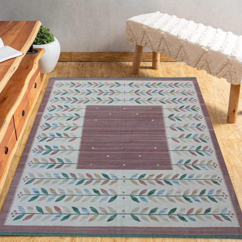 Handmade Botanical Leaf Pattern Area Rug | Green & White Modern Farmhouse Mat | Unique Home Decor Floor Covering | scandinavian kilim rugs