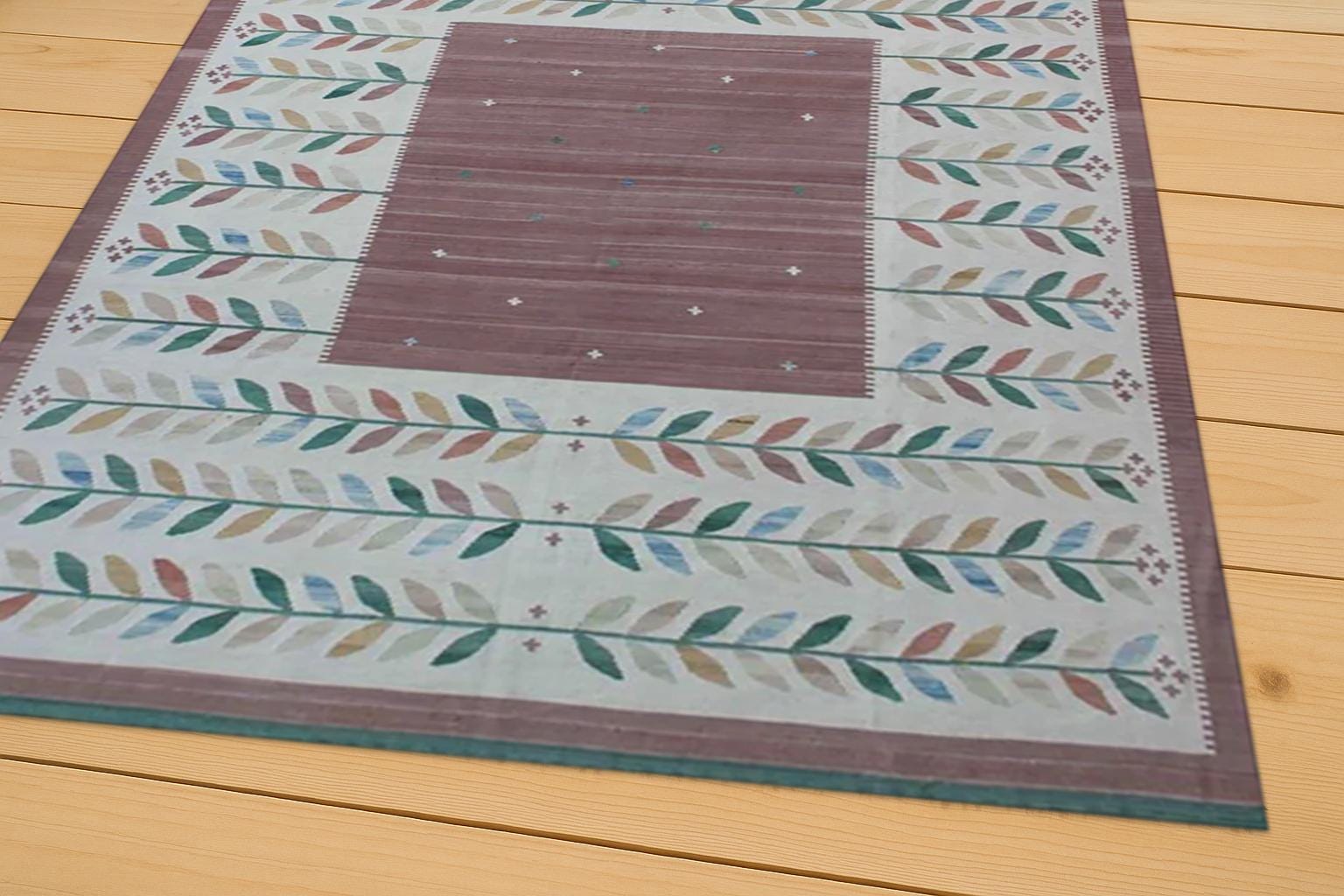 Handmade Botanical Leaf Pattern Area Rug | Green & White Modern Farmhouse Mat | Unique Home Decor Floor Covering | scandinavian kilim rugs