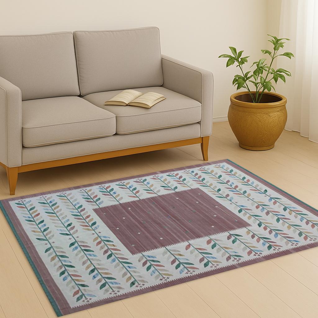 Handmade Botanical Leaf Pattern Area Rug | Green & White Modern Farmhouse Mat | Unique Home Decor Floor Covering | scandinavian kilim rugs