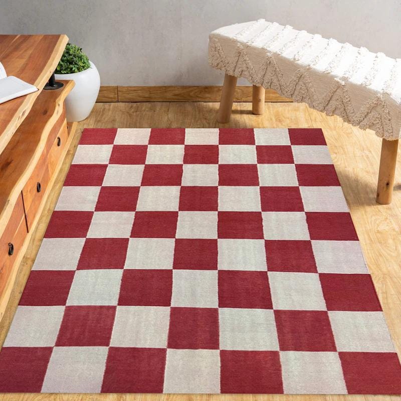 Checkered Jute Rug, Custom Size Runner Rug, Hallway Runner, Boho Jute Rug, Handmade red and Natural Hemp Jute Rungs Extra Large Jute Rugs