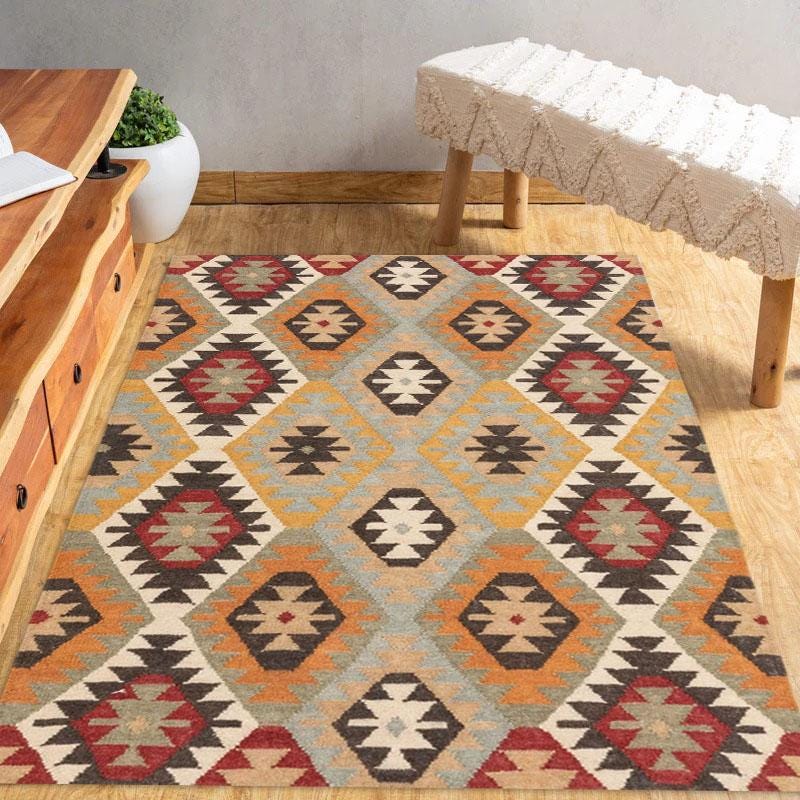 Handwoven Wool Jute Kilim Rug - Traditional Bohemian Area Rug - Dhurrie Flatweave Carpet for Living Room Bedroom Decor