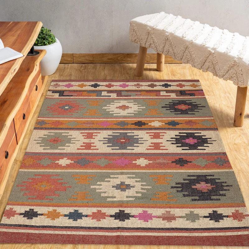 9x12ft Handmade Wool Jute Kilim Rug- Handwoven Wool Jute Rug,  Boho  Décor Rug, Living Room Rug, Outdoor Rug, Kitchen Rug