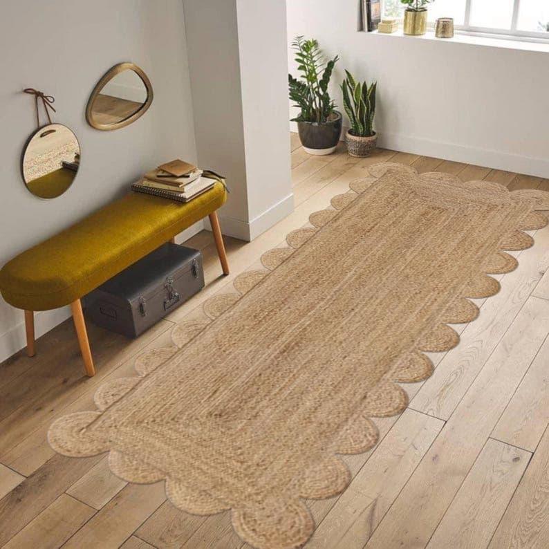 Jute Runner Rug - Scalloped Runner Rug, Bohemian Scallop Rug, Natural Jute Rug,