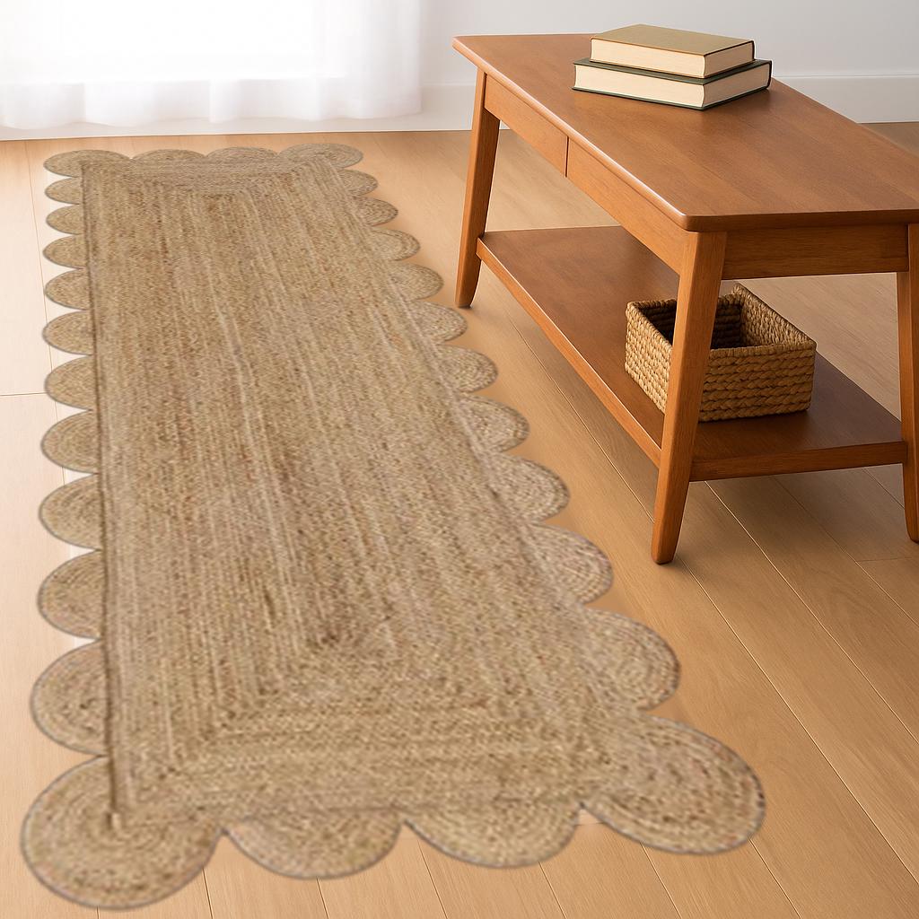 Jute Runner Rug - Scalloped Runner Rug, Bohemian Scallop Rug, Natural Jute Rug,