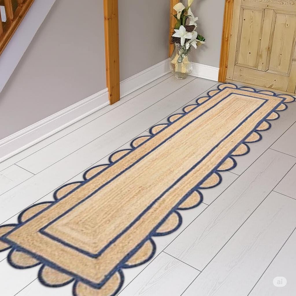 Scalloped Runner Rug, Bohemian Scallop Rug, Natural Jute Rug, Hallway Runner Rug, Runner Custom Rug, Custom Size Rug