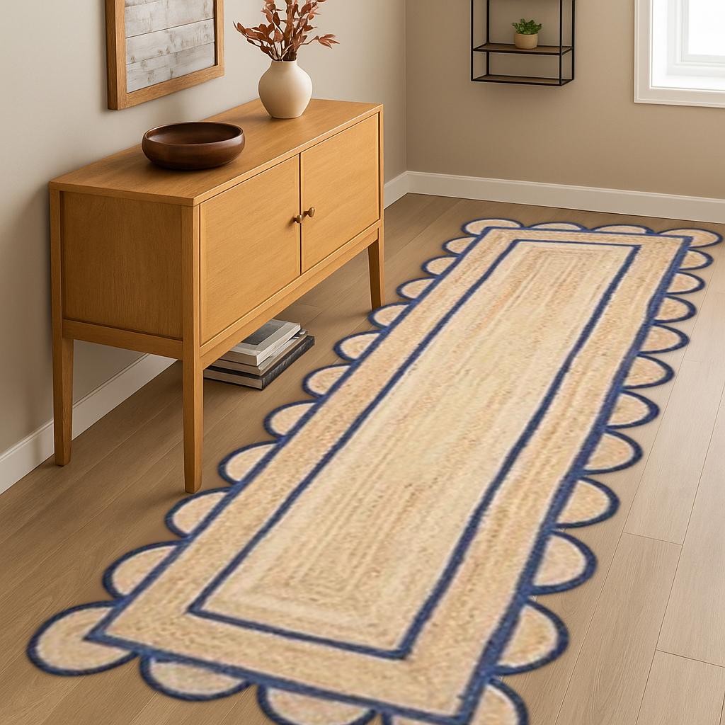 Scalloped Runner Rug, Bohemian Scallop Rug, Natural Jute Rug, Hallway Runner Rug, Runner Custom Rug, Custom Size Rug
