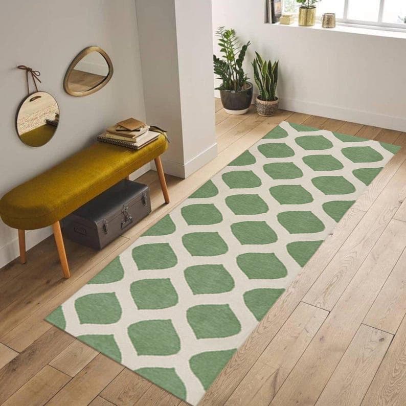 Handmade Wool Jute Kilim Runner Rug, Kilim Runner Rug, Green And Beige,  Stair Runner, Hemp Jute Runner Custom Size Rug