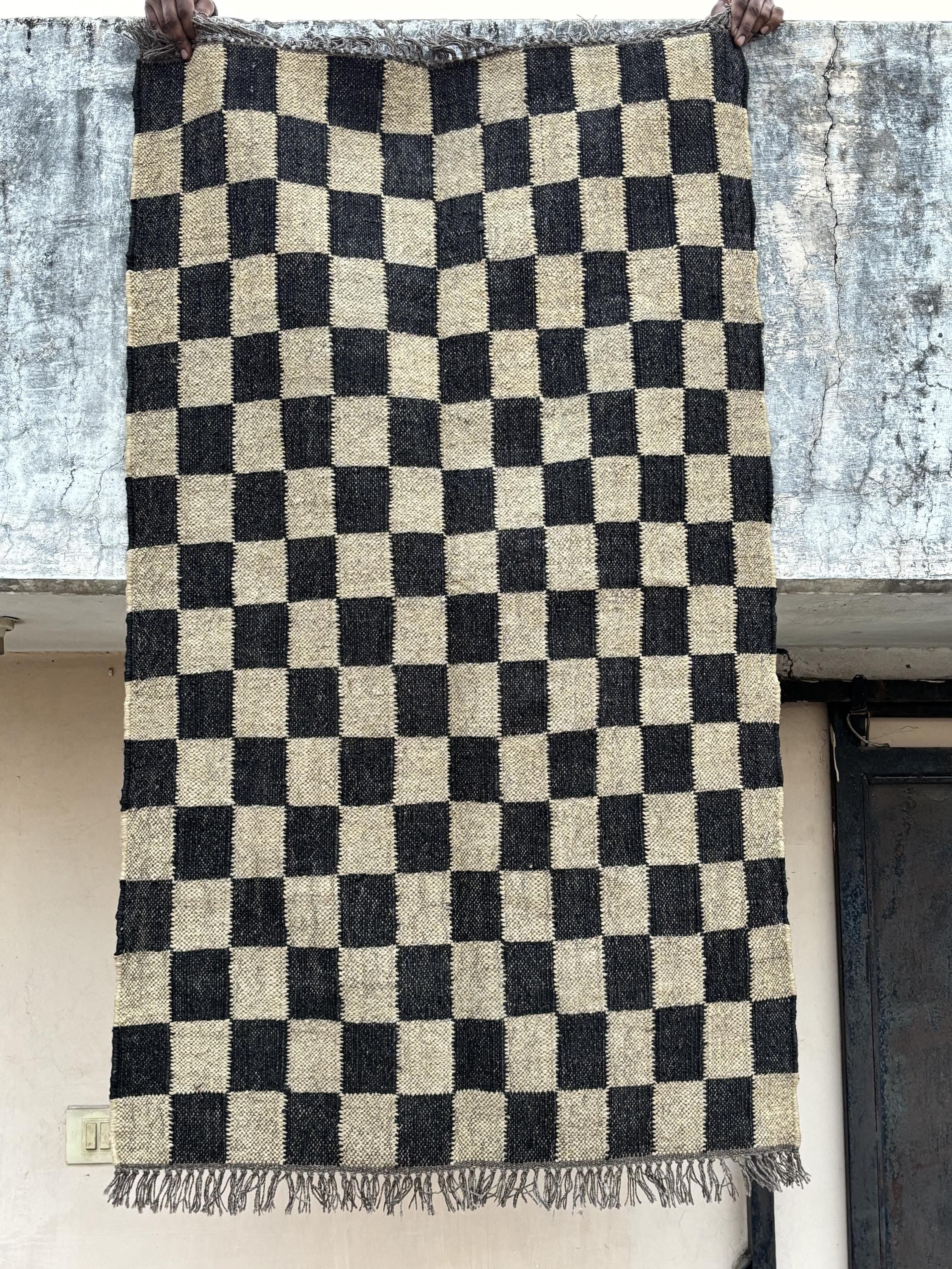 Black with Off White Design Indian Handwoven Wool Jute Vintage Kilim Rugs For Home Decor, Checkered Runner, Large Size, Kitchen Rug