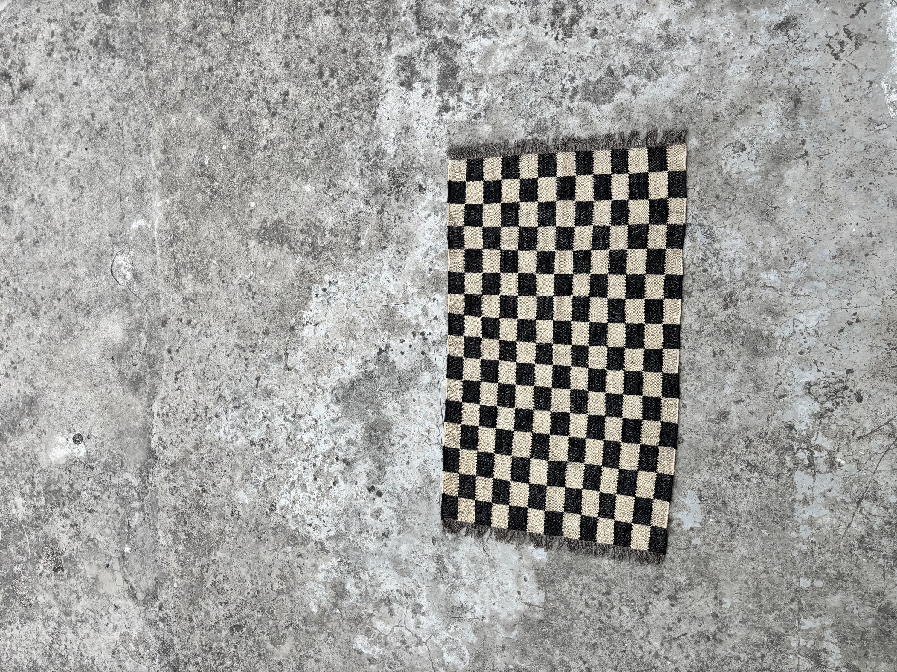 Black with Off White Design Indian Handwoven Wool Jute Vintage Kilim Rugs For Home Decor, Checkered Runner, Large Size, Kitchen Rug