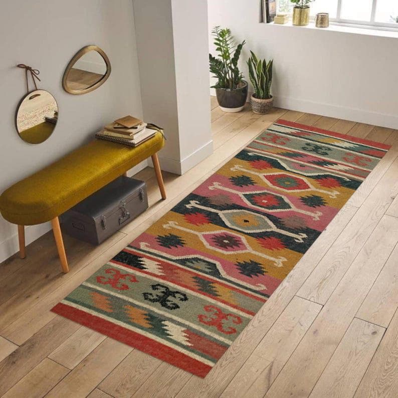 Traditional Indian jute Area rug, Handwoven, Wool and Jute Rug Handmade, Multicolor Jute Rug wool rug Dhurrie traditional , Custom Runner