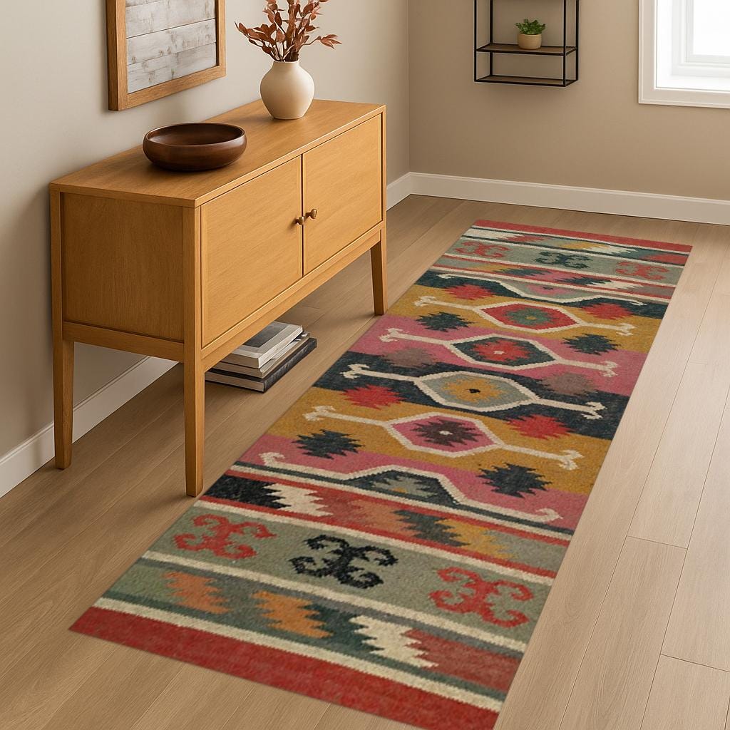 Traditional Indian jute Area rug, Handwoven, Wool and Jute Rug Handmade, Multicolor Jute Rug wool rug Dhurrie traditional , Custom Runner