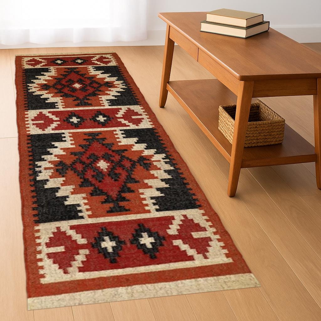 Handwoven Wool Jute Rug Handmade Dhurrie Rug, Motifs Oriental Traditional Indian Geometric Turkish Home decor, multicolor runner