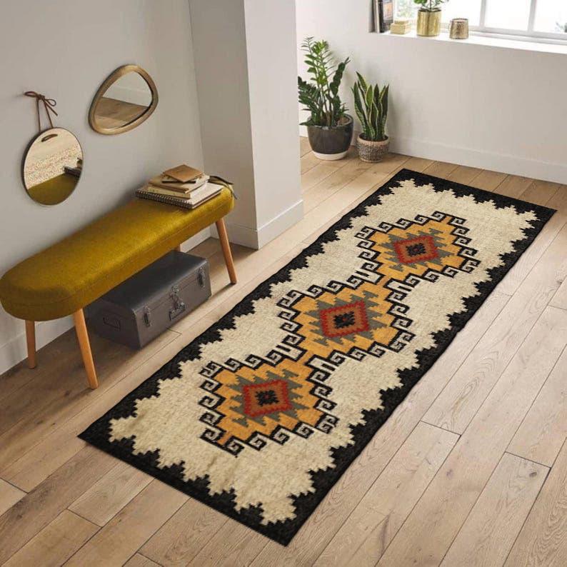 Wool Jute Runner Rug, Handmade Rug, Oriental, Traditional, Indian, Handwoven wool rug, modern rug, Stair Runner Rug