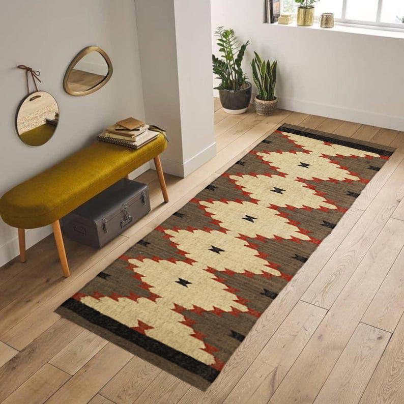 Handwoven Runner Dhurrie Rug, Handmade, Oriental, Traditional, Navajo, Boho Rug, Eco Friendly Rug, Traditional, Fabric, Customization