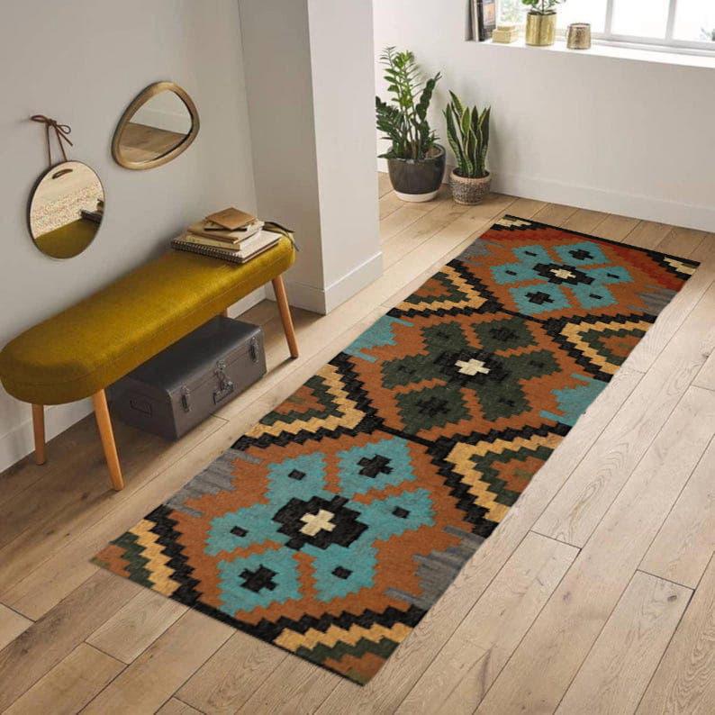 Wool and Jute Rug Handmade, Dhurrie Rug, large living room rug, Oriental, Traditional Rug, Bohemian Handwoven Décor Rug for staircase