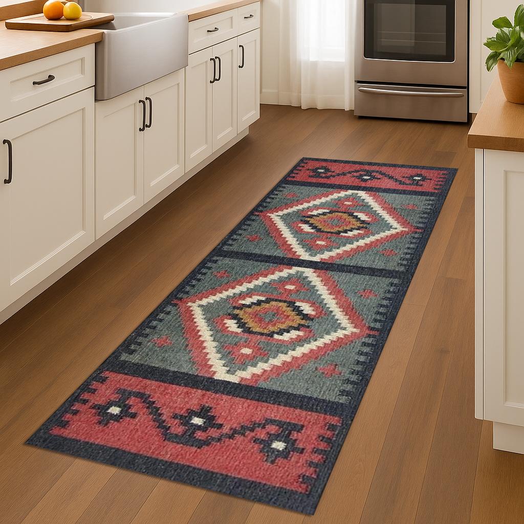 Traditional Hand Woven Indian Village Art Wool Jute Runner, Vintage Decor Kilim Wool Jute Rugs, Multicolor Turkish Anatolian Runner