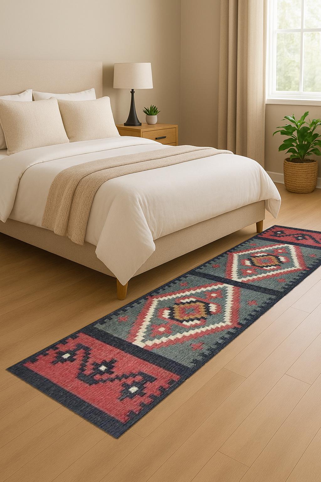 Traditional Hand Woven Indian Village Art Wool Jute Runner, Vintage Decor Kilim Wool Jute Rugs, Multicolor Turkish Anatolian Runner