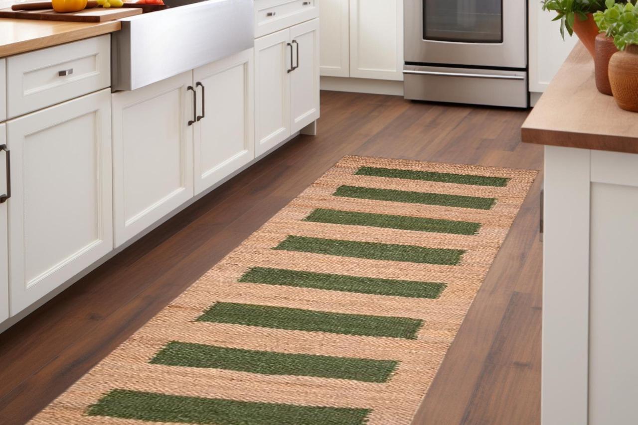 Indian Handloomed Beige with green Striped Hemp Jute Runner, Bohemian Hemp Runner, green Stripe Jute Multicolor Stripe Living Area Rug
