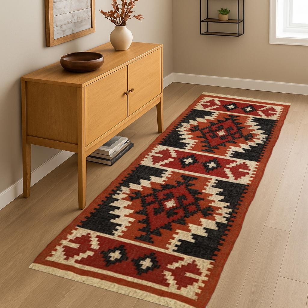 Handwoven Wool Jute Rug Handmade Dhurrie Rug, Motifs Oriental Traditional Indian Geometric Turkish Home decor, multicolor runner