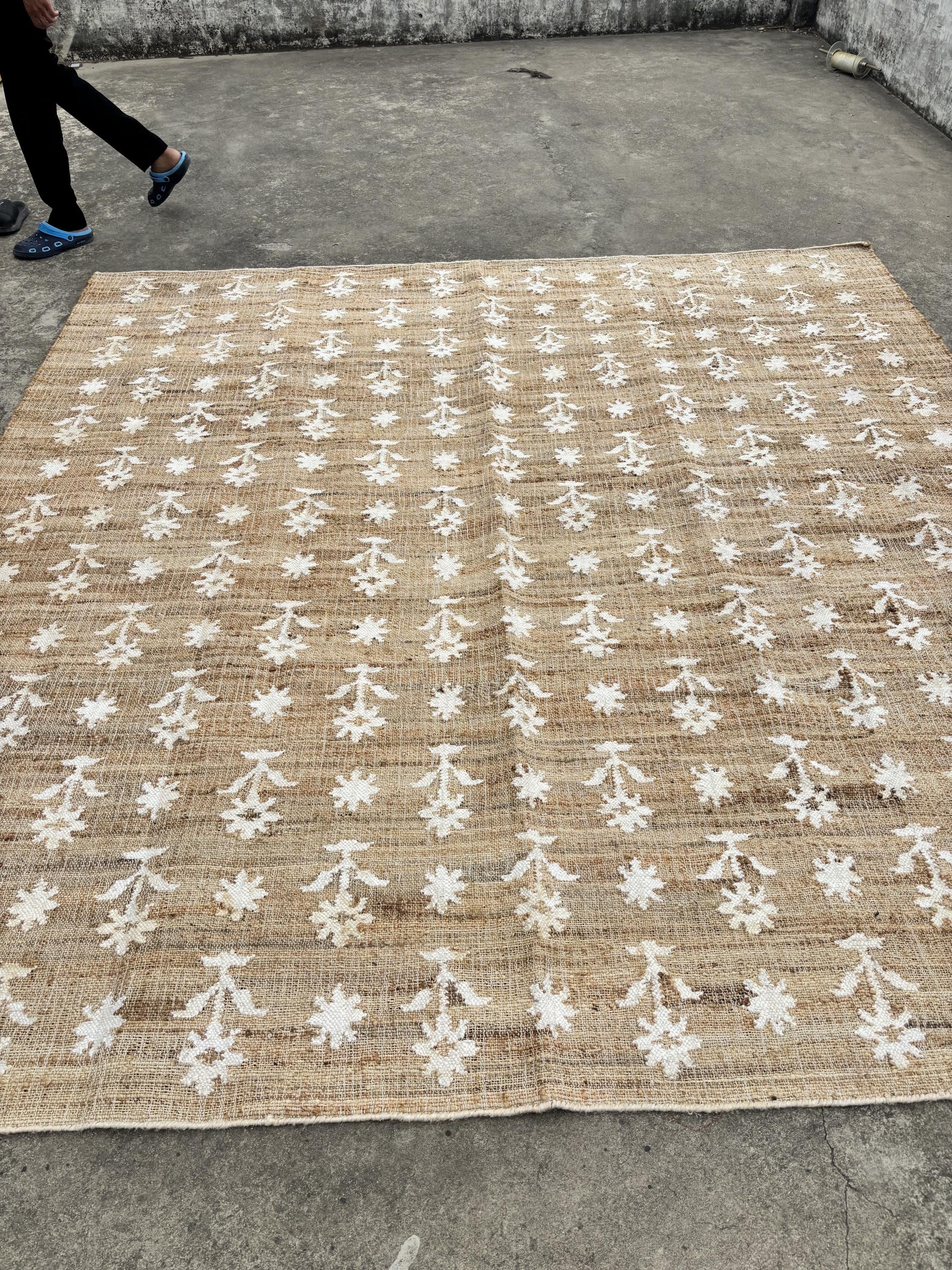 8X10 9x12Ft Natural Floral Cotton Jute Rug, Modern Handmade Jute Rug, Jute and Cotton Rug, Handmade Cotton Jute Rug.