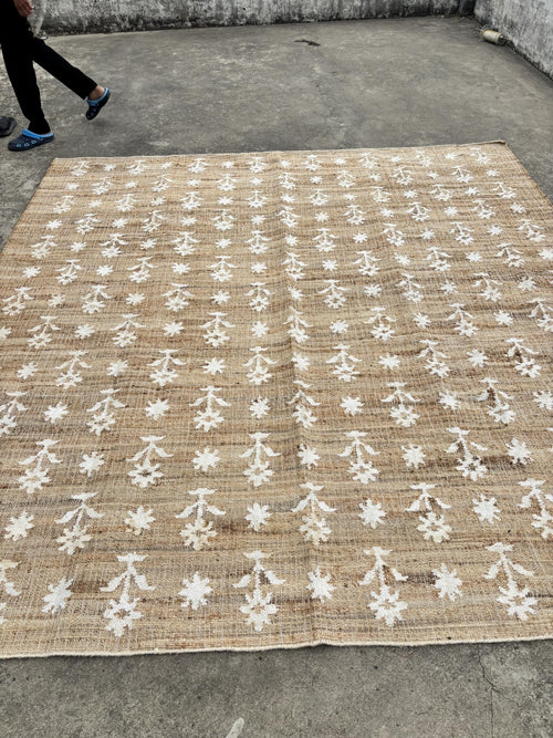 8X10 9x12Ft Natural Floral Cotton Jute Rug, Modern Handmade Jute Rug, Jute and Cotton Rug, Handmade Cotton Jute Rug.