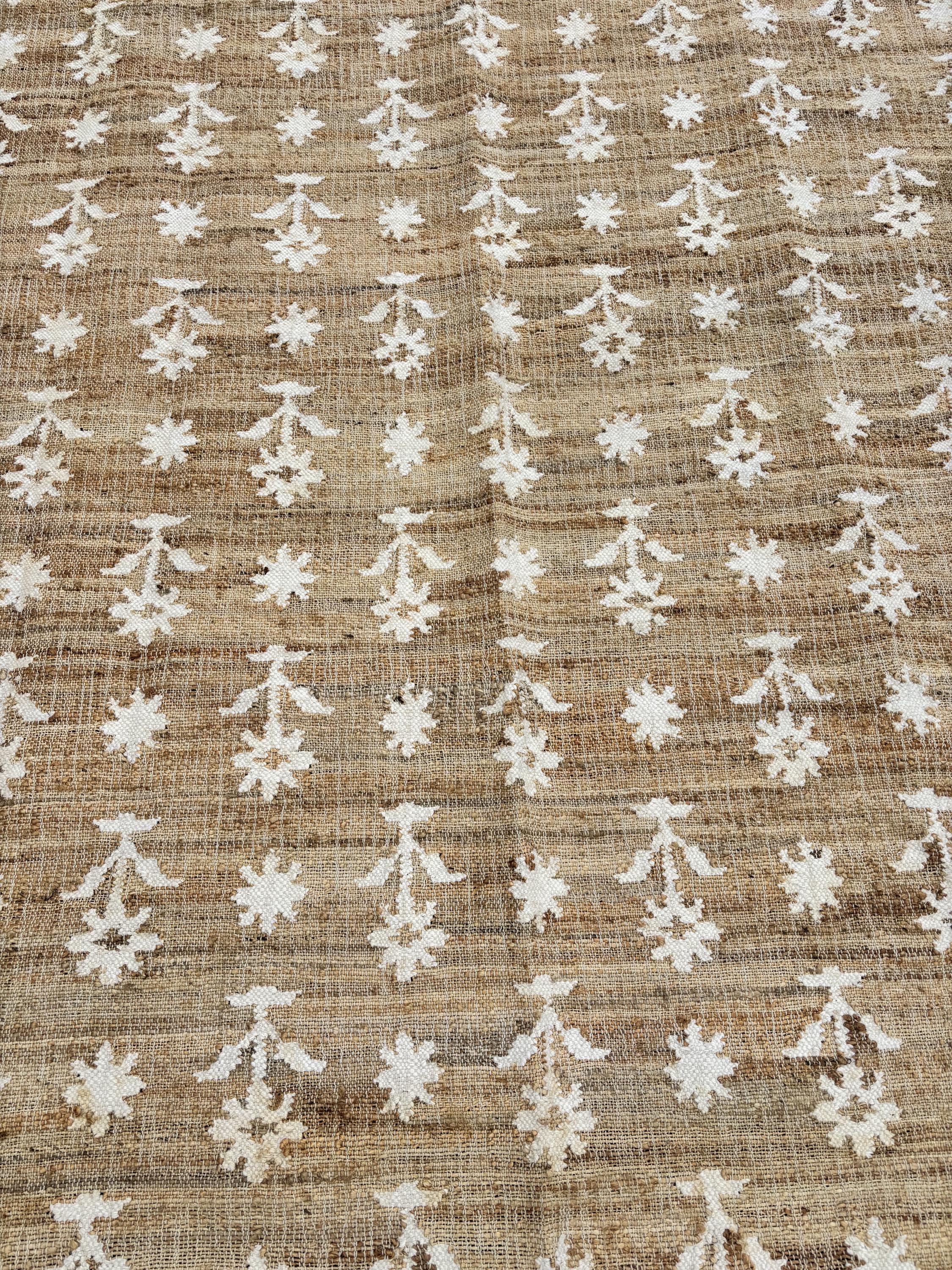 8X10 9x12Ft Natural Floral Cotton Jute Rug, Modern Handmade Jute Rug, Jute and Cotton Rug, Handmade Cotton Jute Rug.