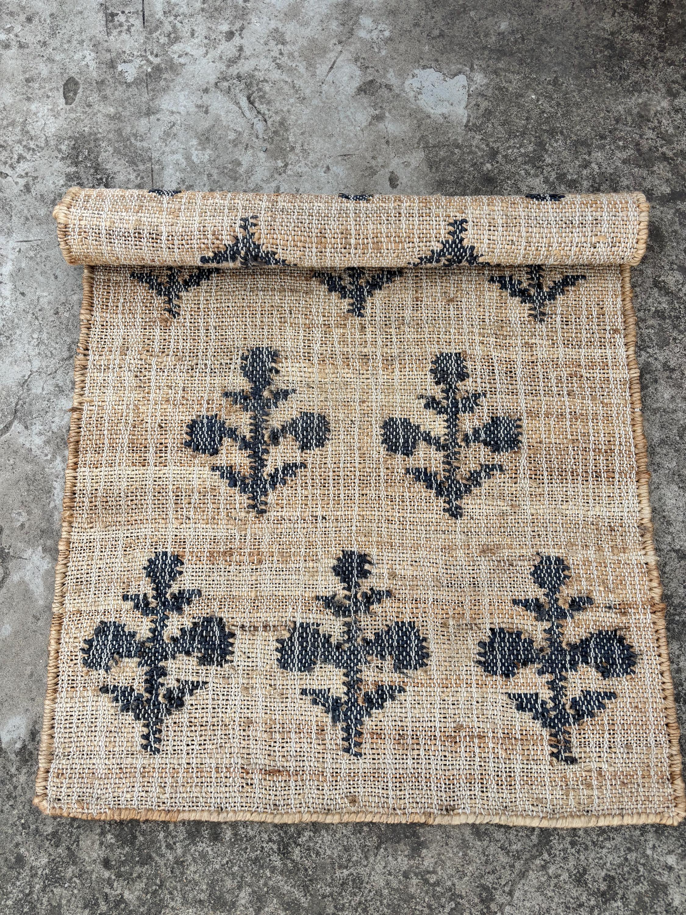 Handmade hemp jute cotton Jute Rug with Black flower pattern, Living Room Jute Rug Entry Way Jute Rug Custom Size Rug
