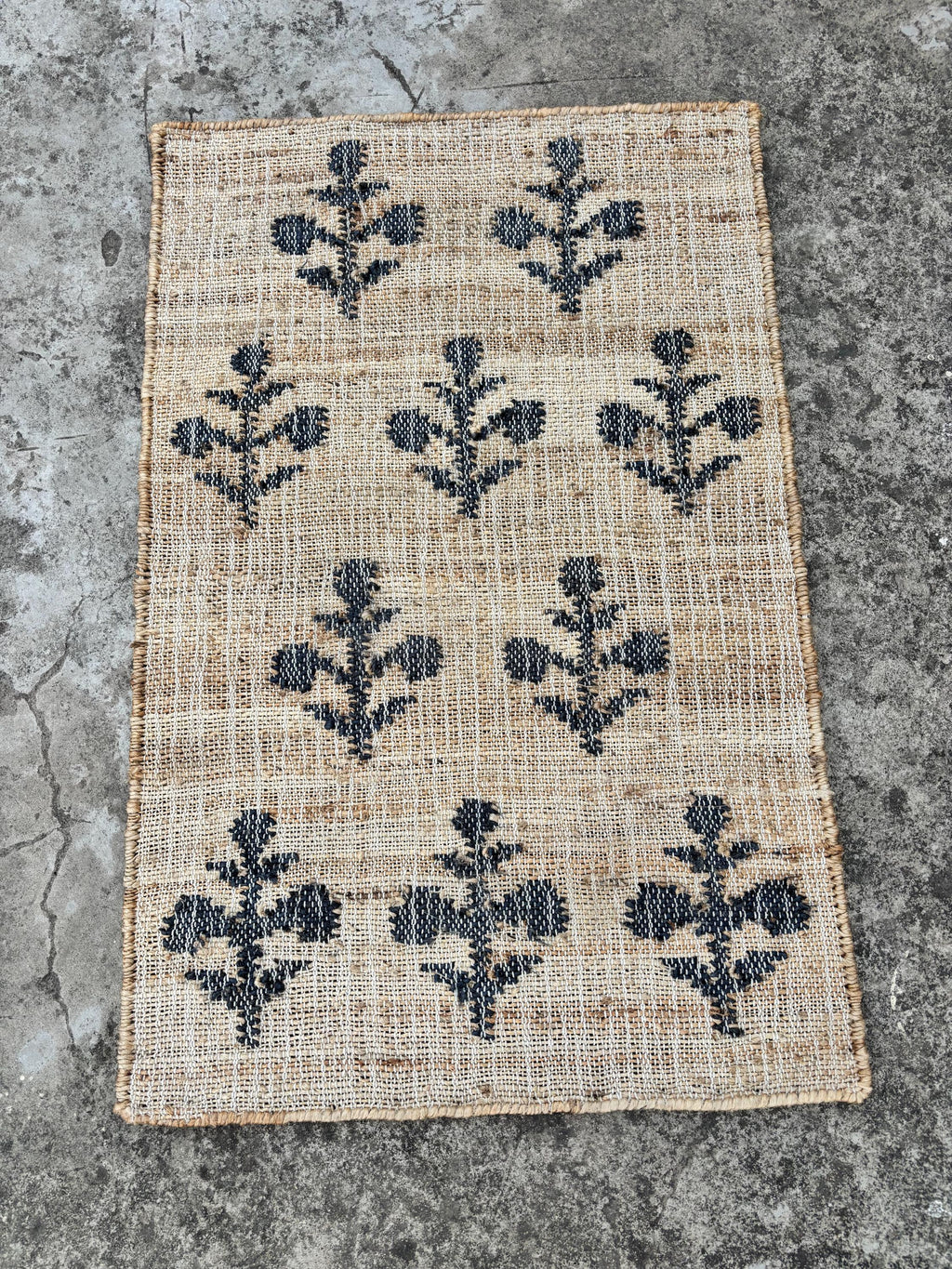 Handmade hemp jute cotton Jute Rug with Black flower pattern, Living Room Jute Rug Entry Way Jute Rug Custom Size Rug