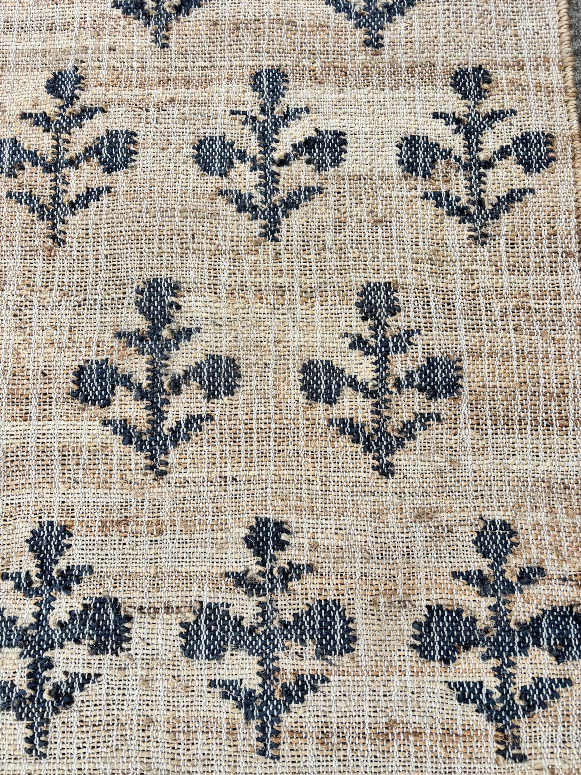 Handmade hemp jute cotton Jute Rug with Black flower pattern, Living Room Jute Rug Entry Way Jute Rug Custom Size Rug