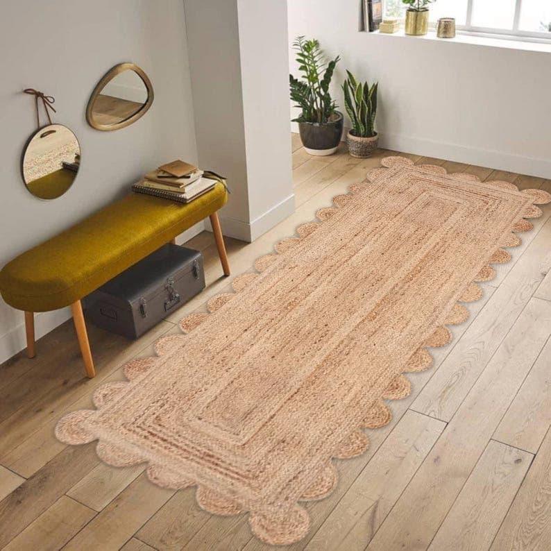 Jute Runner, Natural Jute customized Scalloped Color Border Runner,  Area Rug, Handwoven Jute Rug, Custom Rug, Decorative Rug