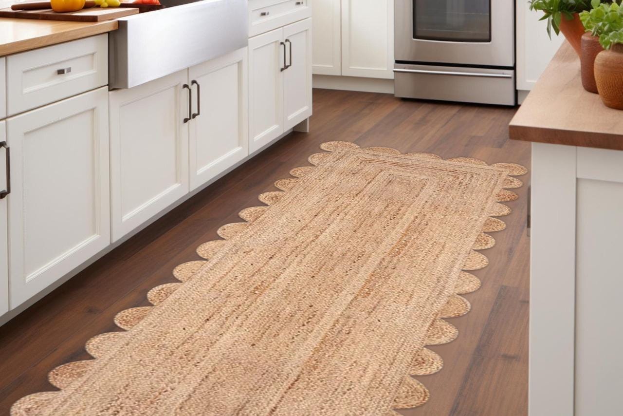Jute Runner, Natural Jute customized Scalloped Color Border Runner,  Area Rug, Handwoven Jute Rug, Custom Rug, Decorative Rug