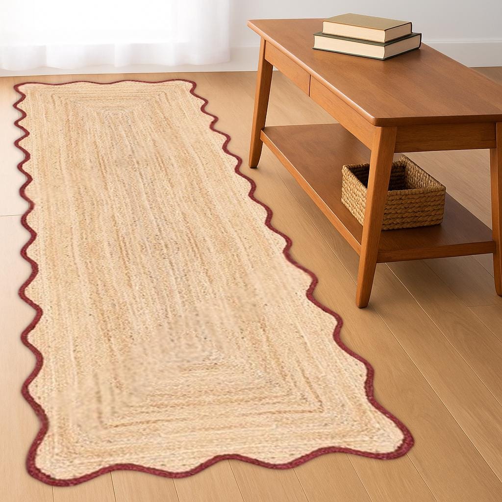 Braided Area Runner, Scallop Natural Jute Runner, Red Scalloped Edge Runner, Scalloped Rug, Custom Size Rug, Bedroom Rug