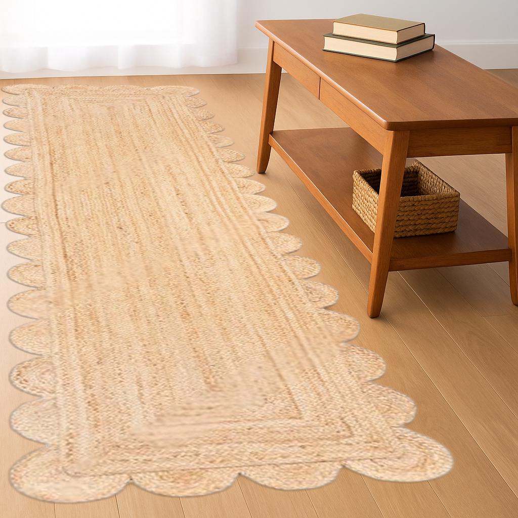 Natural Scalloped Jute Runner Rug – Handmade Hallway Rug, Boho Farmhouse Entryway Decor, Eco Friendly Flatweave Entryway or Kitchen Rug