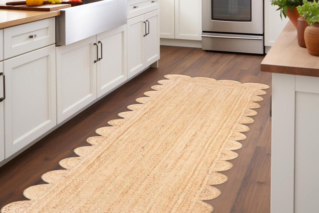 Natural Scalloped Jute Runner Rug – Handmade Hallway Rug, Boho Farmhouse Entryway Decor, Eco Friendly Flatweave Entryway or Kitchen Rug