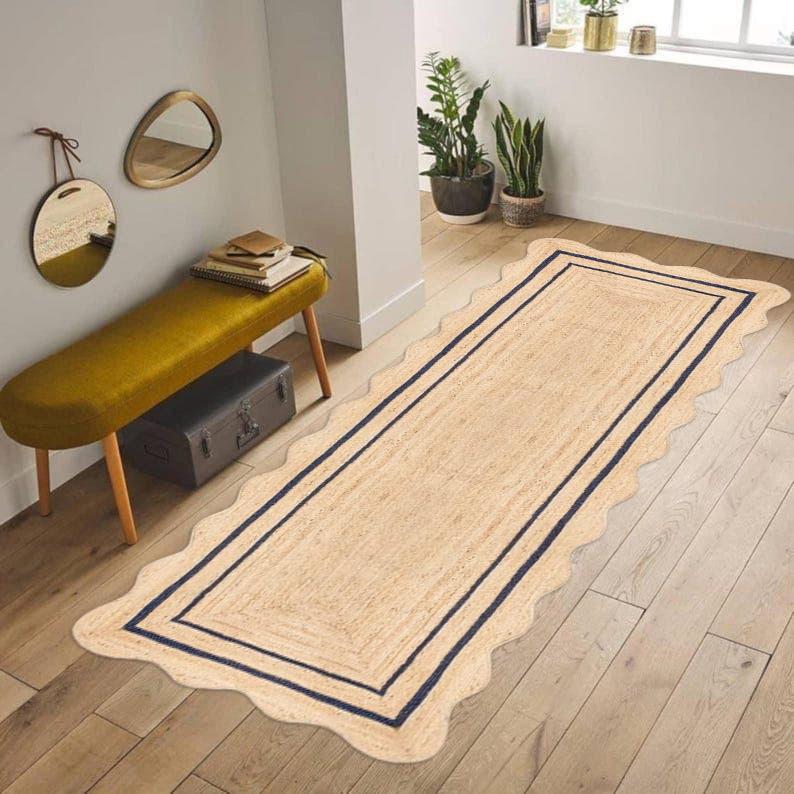 Jute Rug Rectangular Scalloped Edge Jute Runner Rug  Natural Handmade Hallway Rug | Boho Farmhouse Entryway Decor