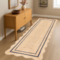 Jute Rug Rectangular Scalloped Edge Jute Runner Rug  Natural Handmade Hallway Rug | Boho Farmhouse Entryway Decor