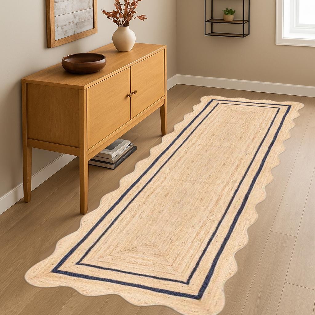 Jute Rug Rectangular Scalloped Edge Jute Runner Rug  Natural Handmade Hallway Rug | Boho Farmhouse Entryway Decor
