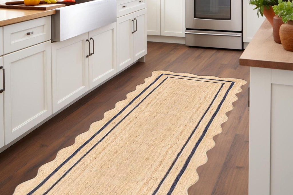Jute Rug Rectangular Scalloped Edge Jute Runner Rug  Natural Handmade Hallway Rug | Boho Farmhouse Entryway Decor