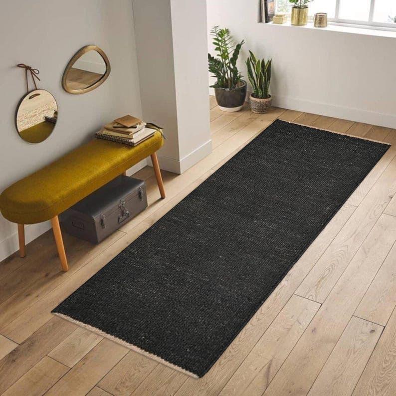 Black Jute Runner Rug, Handmade Jute rug, Boho living room rug, natural jute rug, square rug, braided jute rug, custom size