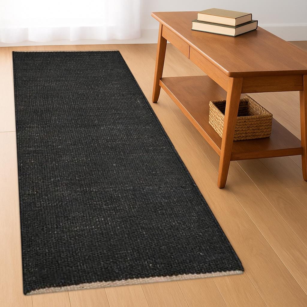 Black Jute Runner Rug, Handmade Jute rug, Boho living room rug, natural jute rug, square rug, braided jute rug, custom size