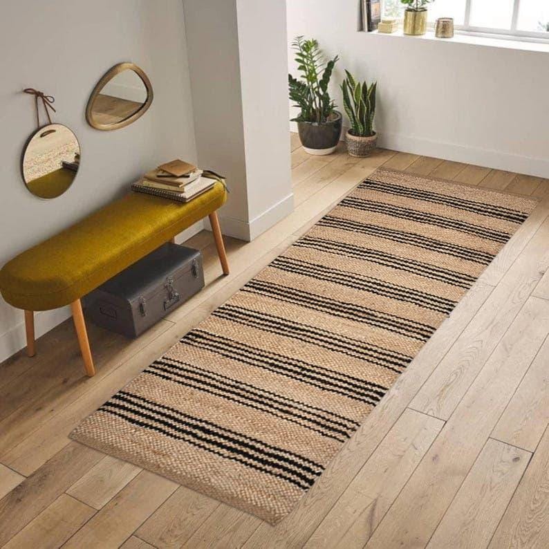 Black Striped Runner Rug | Handwoven Jute Hallway Runner |  Modern Farmhouse Rug |  Neutral Boho Decor
