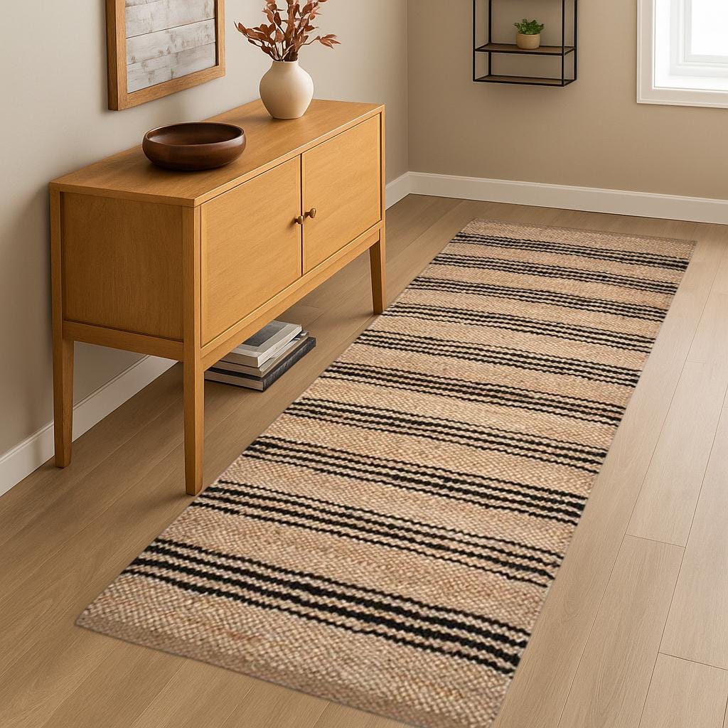 Black Striped Runner Rug | Handwoven Jute Hallway Runner |  Modern Farmhouse Rug |  Neutral Boho Decor