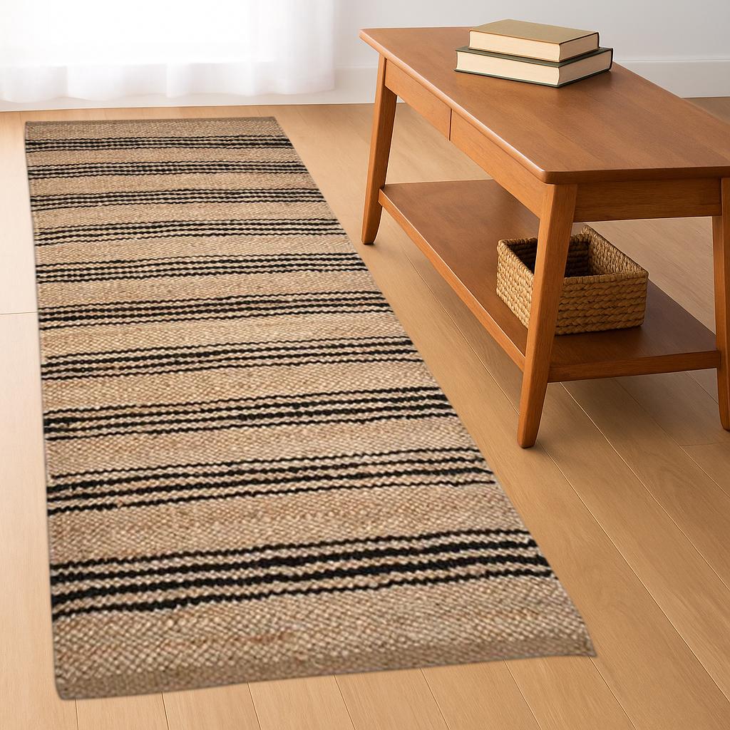 Black Striped Runner Rug | Handwoven Jute Hallway Runner |  Modern Farmhouse Rug |  Neutral Boho Decor