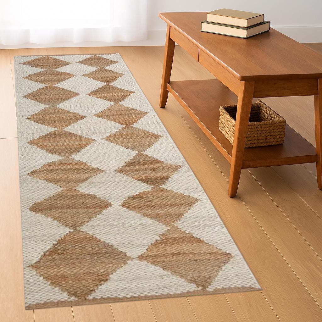 White Diamond Jute Runner Rug – Handwoven Natural Fiber Hallway Runner, Boho Farmhouse Decor Indian Dhurrie Rug 2x8 Ft Rug