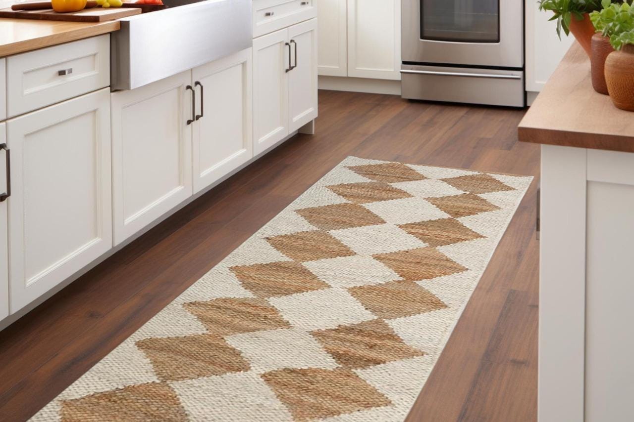 White Diamond Jute Runner Rug – Handwoven Natural Fiber Hallway Runner, Boho Farmhouse Decor Indian Dhurrie Rug 2x8 Ft Rug